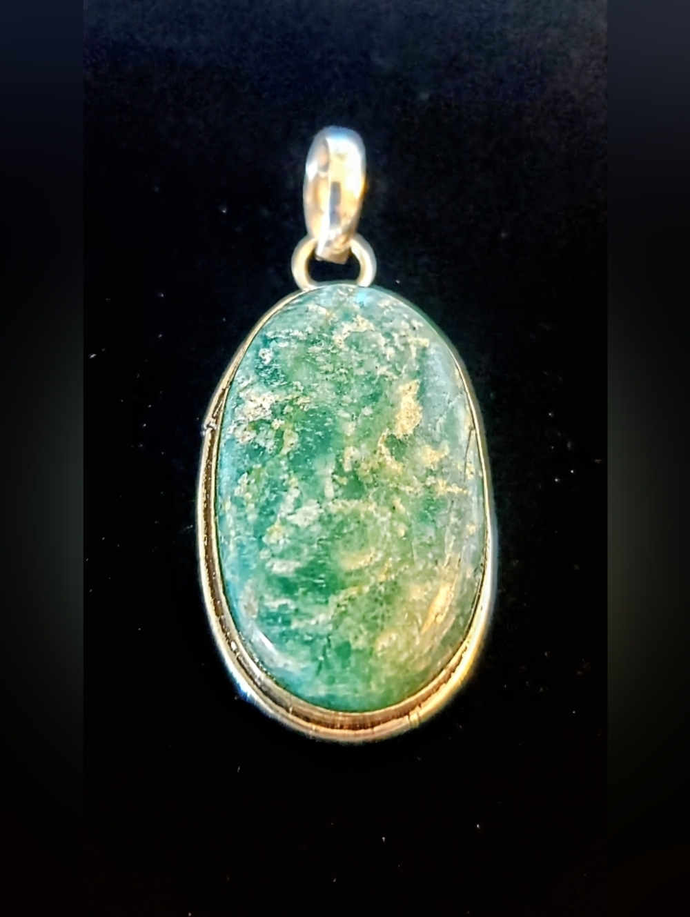 Green Amozonite Oval Stone Pendant Necklace - Handmade  .925
